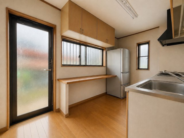 窓の先には田園風景×光あふれる吹抜けリビングの家のキッチン|お料理しやすいキッチンです