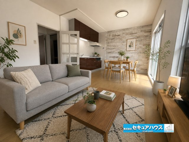 【中古マンション】洞ヶ山テラスハウスの居間・リビング|【LDKイメージ】※家具はイメージです。
◆通学から帰宅し、リビングルームで会話を楽しむ子ども達。リビングから臨む景色は太陽色に染まり、解放感溢れゆったりとしたひと時を過ごすことが出来る素敵な空間です
