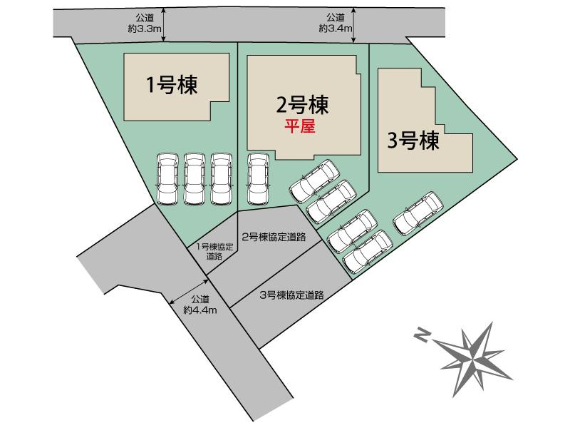 新築　桐生市東1丁目　Blooming　Garden　1号棟の区画図|1号棟　区画図　西側接道幅員約4.4ｍ　北東側接道幅員約3.3ｍ			
	
