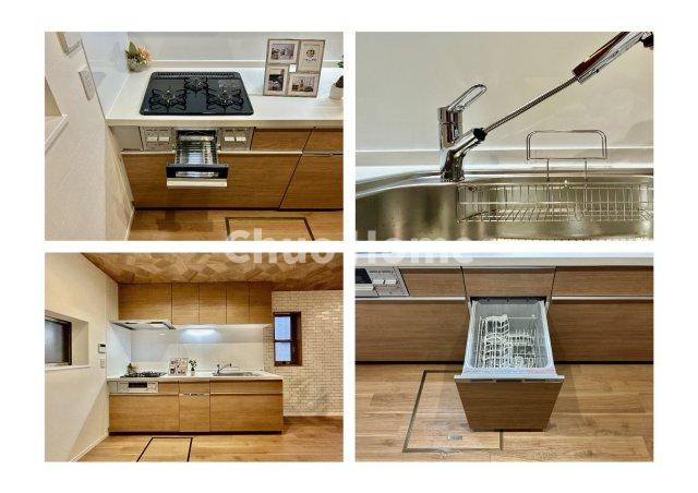 江戸川区北葛西5丁目中古住宅のキッチン|【システムキッチン】ワイドで収納豊富な使い勝手の良いカウンターキッチンには、食洗器・伸縮タイプのキッチン水栓、三ツ口コンロ・魚焼きグリルなどの便利な設備が標準完備されています。