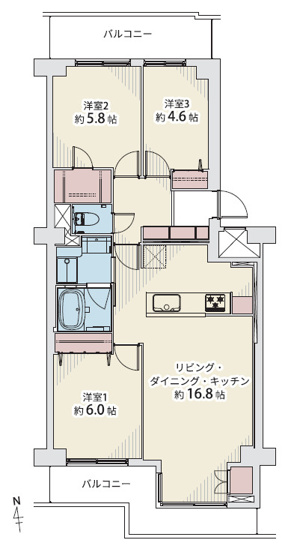 【間取り】 | エバーグリーン上本町 | 【全洋室3LDK＋両面バルコニー☆】室内水廻り設備一新！フルリノベーション後のお引渡し☆（令和8年10月中旬完了予定）アフターサービス保証付き☆食洗機・浄水器・バス追炊機能・浴室乾燥機完備☆WIC有♪