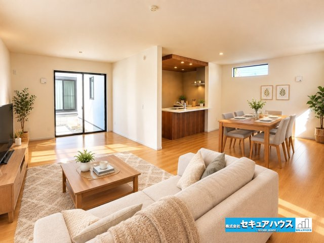 【同施工物件ご案内可能】東海市加木屋町仲新田　全1棟の居間・リビング|LDKイメージ】 ※家具はイメージです。
◆北西側１Ｆ洋室4.5帖です。間仕切りはオプションにて可能です！お気軽に相談ください♪
◆日当たりが良く温かい広々リビングは家族の団らんスペースになります。