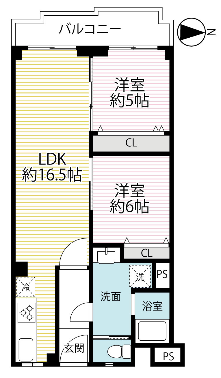 ◆２０２５年９月リフォーム完了◆水回りもピッカピカ◆８階部分の２ＬＤＫ住戸◆メガロコープ西陣A棟の間取り