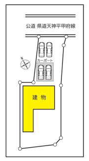 【区画図】 | 甲府市西田町 敷地148坪・建物358㎡の広々中古戸建 | 敷地148坪　カースペース4台分＋広々南庭