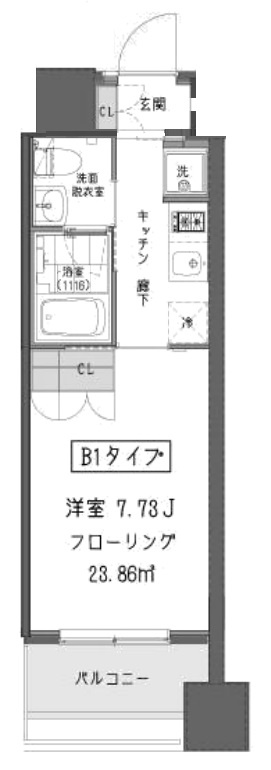 ガーデン蒲田の間取り|間取り　1K洋室7.73帖！バストイレ別別独立洗面台付