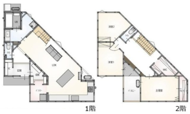 佐伯区皆賀1丁目の間取り|３LDK　土地面積113.90㎡　建物面積108.78㎡
1階は玄関からキッチン、リビングへ回遊できる動線です。2階には洋室3室とWICを備え、家族の個室と衣類収納を分けて使える3LDKです。