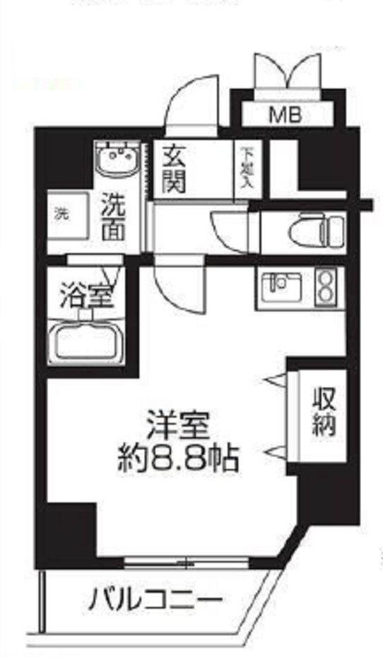 サニークレスト蒲田WESTの間取り|東向きバルコニーの1R洋室8.8帖バストイレ別独立洗面台角部屋！