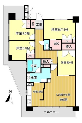 パークナード橿原岡寺の間取り|4LDK　専有面積:86.76ｍ2　バルコニー面積:33.87ｍ2