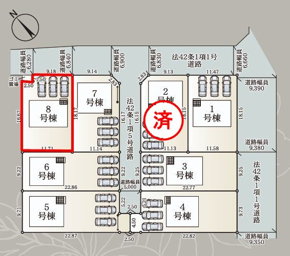矢吹町八幡町第２１　　　８号棟　　　善郷小学校、矢吹中学区の区画図
