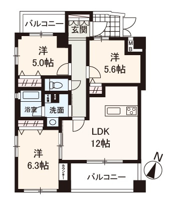 【間取り】 | ユニ・アルス新大阪WEST | 全設備Panasonic製品採用の3LDK。両面バルコニーが備わり風通しの良い住まい！全居室に収納付きで、プライベート空間も快適にお過ごしいただけます。