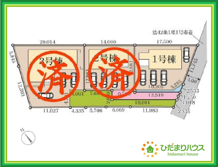 那珂市菅谷17期　新築戸建　1号棟の区画図|カースペース３台ＯＫ！来客用にもスペースを確保できて安心ですね(^^)/