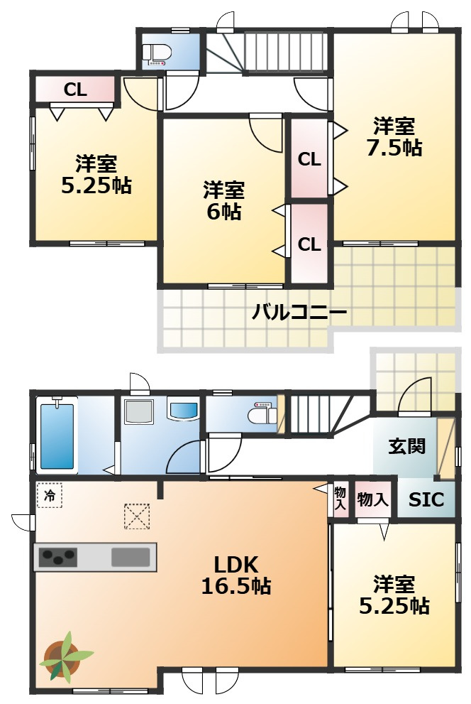ハートフルタウン宇都宮市御幸ケ原町126番の間取り|全室南向きで陽当たりの良い間取りです
