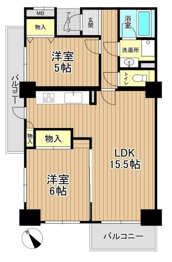 アーバンみらい東大宮東三番街1号棟の間取り|【アーバンみらい東大宮東三番街1号棟】・2LDK・専有面積68.24m2・バルコニー面積12.48m2