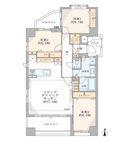 サンクタス亀戸ウエストステージの間取り|サンクタス亀戸ウエストステージ：南向き角部屋！全居室収納が付いた収納豊富な３ＬＤＫ床暖房・エアコン付きリノベーション物件です！