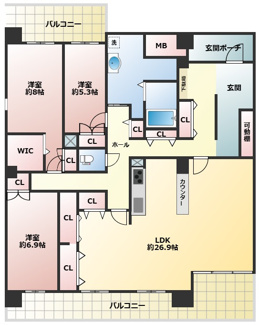 【間取り】 | オークスクエア西神中央7番館 | 3LDK+S（納戸）、価格2730万円、専有面積128.53平米、バルコニー面積39.48平米 ■フルリノベーション済みのため新生活を気持ちよくスタートできます♪
