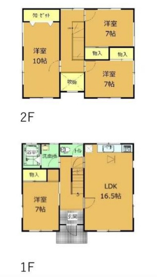 【間取り】 | 前橋市二之宮町　中古住宅 | 開放感あふれる吹抜けのある空間に、16.5帖の広々としたLDKを配置。1階に独立した7帖の洋室があり、2階にも豊富な収納を備えた居室が揃う機能的な間取りです。