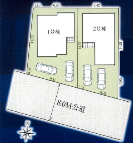 富士見市大字水子の新築一戸建の区画図|敷地35坪、駐車スペースは2台分あり、セカンドカーやお客さま用のお車も駐車できます。