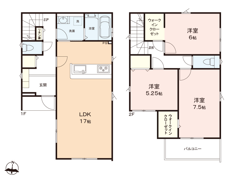 富士見市大字水子の新築一戸建の間取り|LDK17帖、全居室収納付きお部屋スッキリの3LDK！
