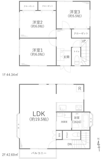 【間取り】 | 茅ヶ崎市松浪2丁目中古戸建 | 3LDK　土地100.09㎡、建物87.03㎡（1階44.34㎡、2階42.69㎡）