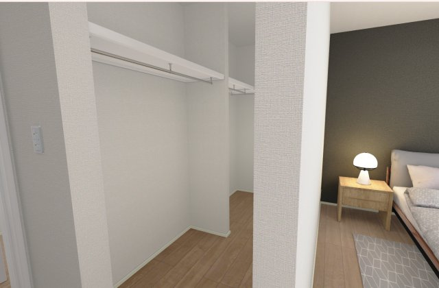 リーブルガーデン高松市国分寺町国分第一◇2026年度補助金対象の長期優良住宅です！の収納|ウォークインクローゼット完成予想図
衣類・バッグ・季節家電などをまとめて隠せるので、寝室やリビングに物が出にくく、生活空間がすっきりできる便利なウォークインクローゼットが設置されています(^^♪