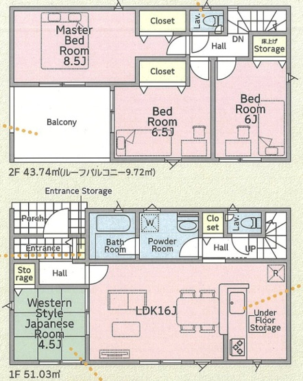 【間取り】 | 高崎市吉井町本郷　新築住宅 | LDK16畳と繋がる4.5畳の和室でくつろぎの空間を実現。各階にトイレを備え、玄関収納や床下収納など収納力も充実した暮らしやすい間取りです。