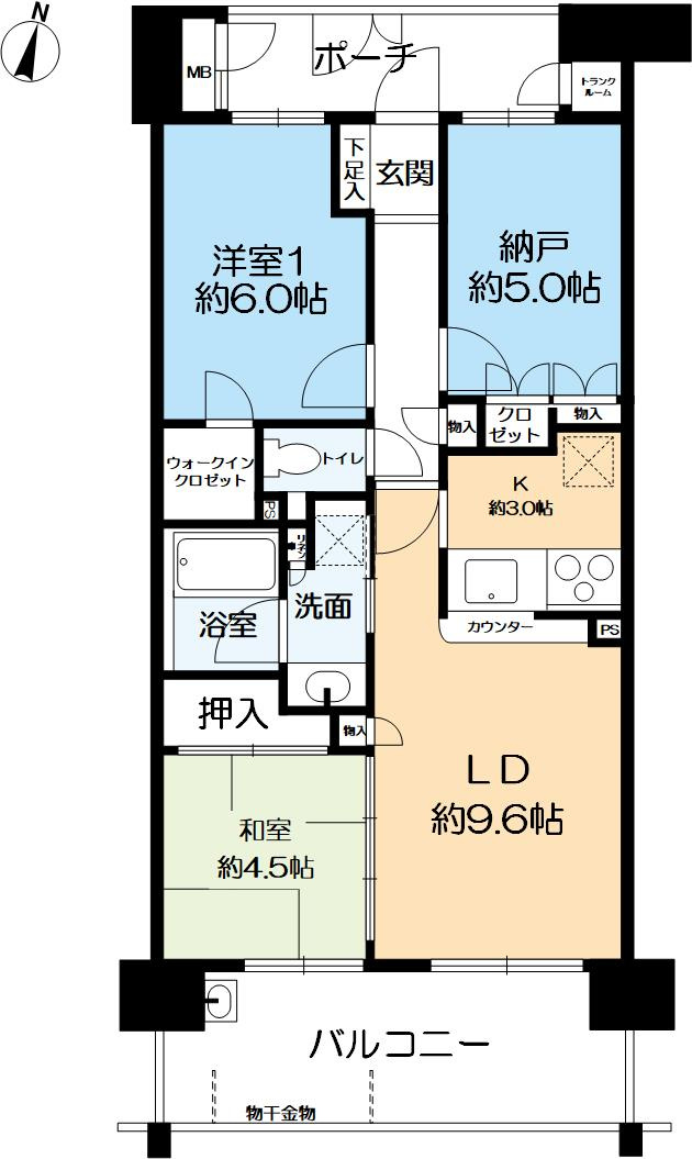 コスモ六甲ガーデンフォートの間取り|専有面積63.74㎡／バルコニー面積11.9㎡／ルーフバルコニー面積約３㎡／ポーチ面積5.78㎡