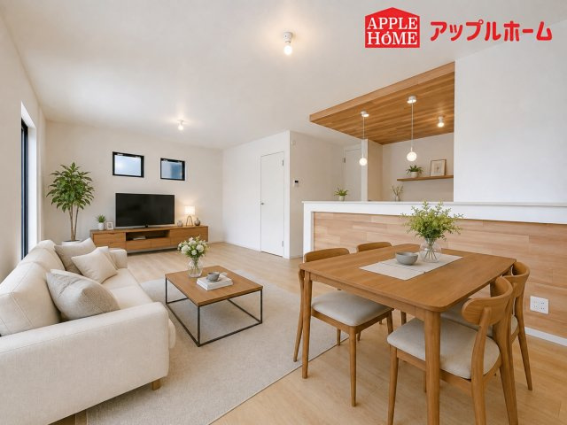 さいたま市北区別所町1期の居間・リビング|人気の対面式キッチンで会話も弾みます！お食事の準備をしながらでもご家族とのコミュニケーションを楽しめますね♪
※家具はCGです