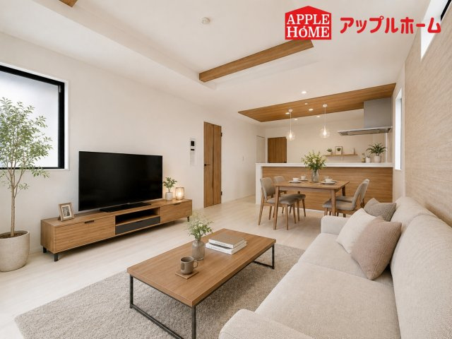 さいたま市奈良町10期の居間・リビング|明るい日差しがさすリビングは、家族の憩い空間。お庭を眺めながら、毎日話が弾みそうですね♪
※家具はCGです