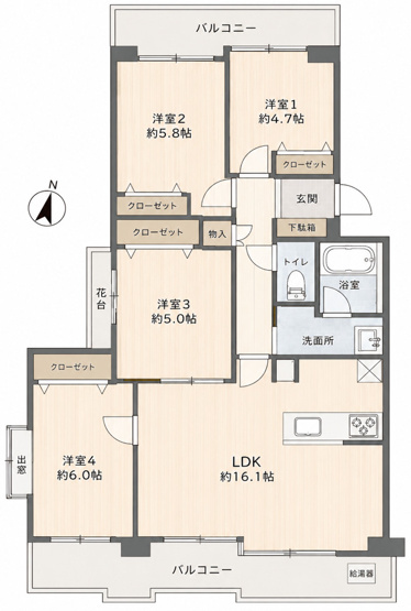 【間取り】 | スカイビュー戸塚1号棟　ペット飼育可/両面バルコニー/4LDK/全居室収納あり