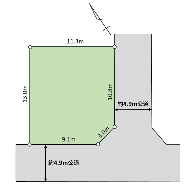松が丘１丁目　売地の土地図|松が丘１丁目　売地　建築条件なし　丁度い４３坪　東南×南西公道面角地