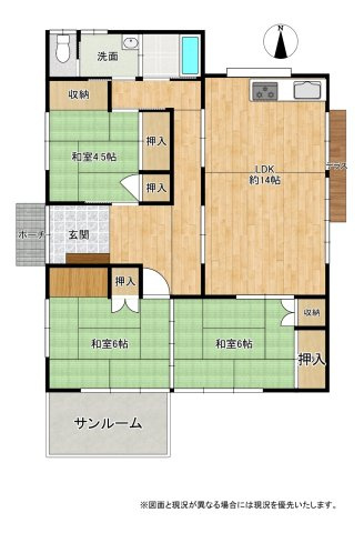 売中古戸建　藤枝市与左衛門の間取り|続き和室、サンルームのある3LDKです