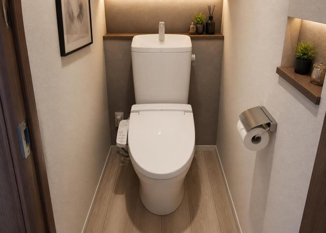 【トイレ】 | 温水洗浄便座付きの高機能トイレを１階と２階の計２箇所に配置しております。混み合う朝の時間帯にもスムーズに使用でき便利です。清潔感のある空間で、家族全員が気持ちよく利用できる衛生的な設備となっています。