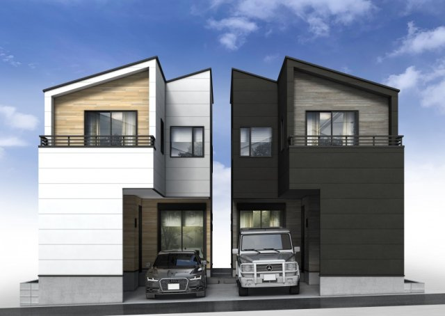 【横浜市保土ケ谷区狩場町454-14全2棟新築戸建て】★仲介手数料無料★（瀬戸ヶ谷小学校・岩崎中学校）の外観パース|ホワイトとブラックを基調に木目調のアクセントを取り入れた、スタイリッシュな全2棟。片流れ屋根と立体感のあるファサードが印象的な外観です。