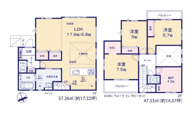 福岡市南区皿山3丁目第3-2棟（1号棟）の間取り|全居室収納付きで便利です。