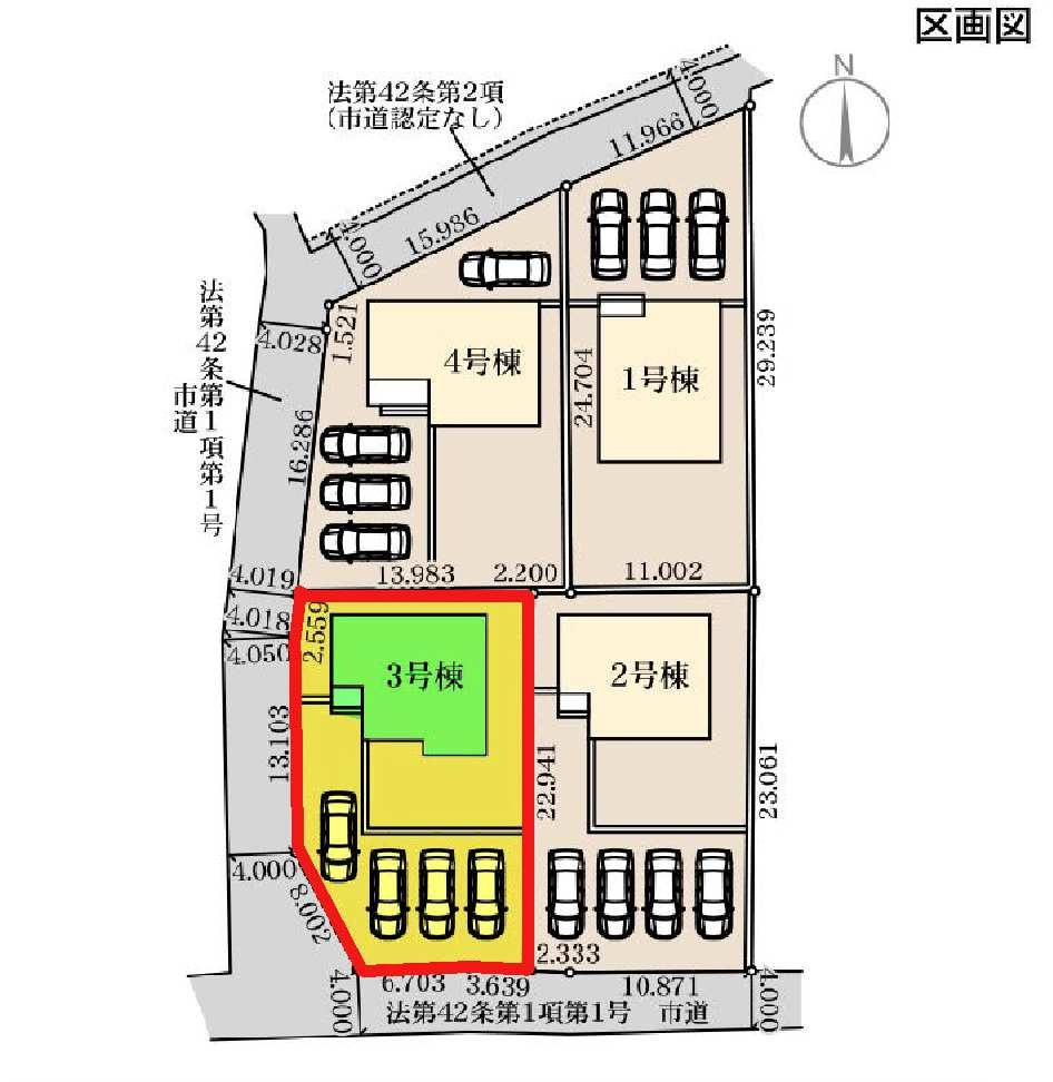 新築　高崎市乗附町第２　Livele Garden.S　3号棟の区画図|3号棟　区画図　南側接道幅員約4ｍ　西側接道幅員約4ｍ

