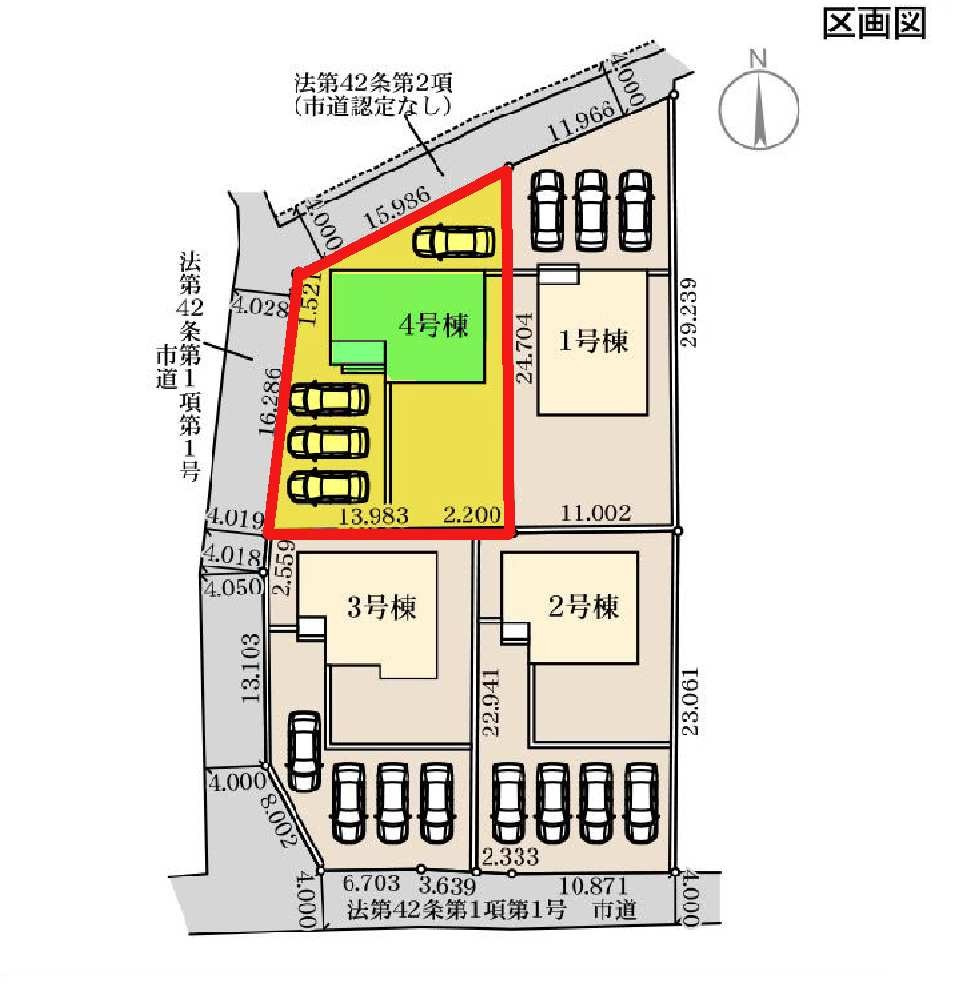 新築　高崎市乗附町第２　Livele Garden.S　4号棟の区画図|4号棟　区画図　西側接道幅員約4ｍ　北西側接道幅員約3ｍ

