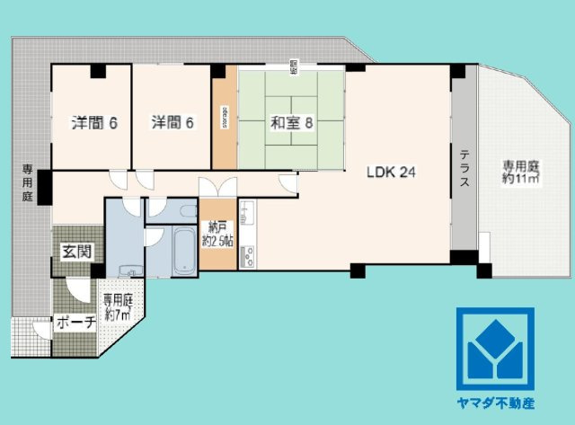 ストークライフ甲陽園の間取り|3SLDK、専有面積108.26平米、バルコニー面積11.00平米、6階建て1階部分。専用庭付き。