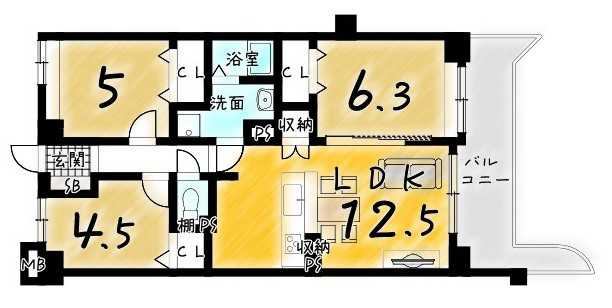 朝日プラザ伏見桂川の間取り|南向きバルコニーに面したリビングでぽっかぽか♪
全居室やリビングに収納付！