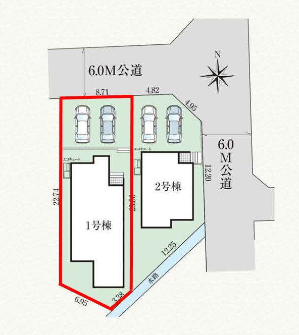 郡山市富田町字下西田　　　１号棟　　　富田西小学校、郡山第６中学区の区画図