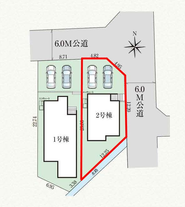 郡山市富田町字下西田　　　２号棟　　　富田西小学校、郡山第６中学区の区画図