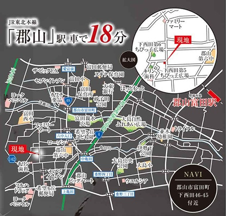 郡山市富田町字下西田　　　２号棟　　　富田西小学校、郡山第６中学区の地図|案内図