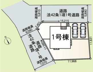 【区画図】 | 瀬谷区宮沢2丁目  1号棟 第27 | 北西角地　北東側約5.8ｍ公道・北西側約6.0ｍ～約7.0ｍ公道　駐車並列2台（車種によります）　敷地面積53.2坪