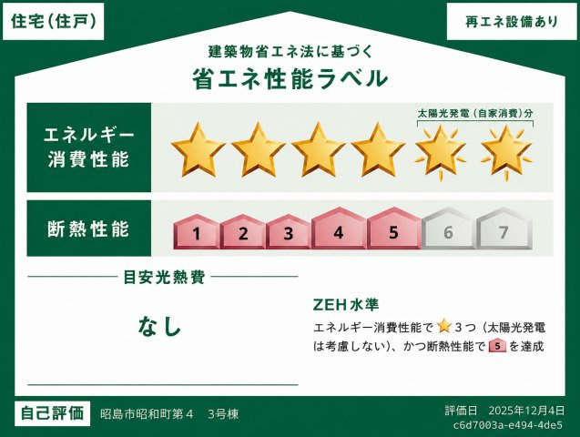 昭島市昭和町3丁目　新築戸建全4棟の省エネ性能ラベル|ZEH水準の省エネ性能を備えた住まい！断熱性能にも優れ、太陽光発電を活用した家計にも環境にもやさしい住宅です。