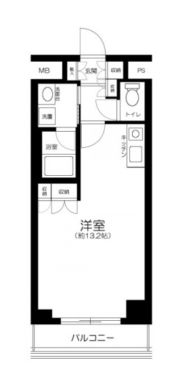 T's gardenティーズガーデン六郷土手の間取り|東向きバルコニーの広々13.2帖の1Rバストイレ別独立洗面台！