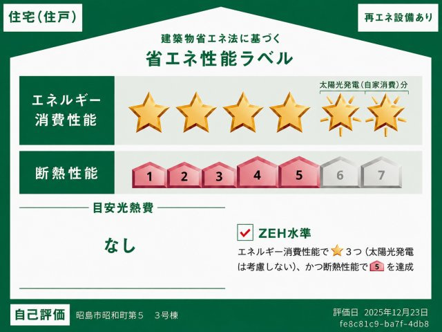 昭島市昭和町4丁目　新築戸建全6棟の省エネ性能ラベル|ZEH水準の省エネ住宅！断熱性能等級5＆太陽光発電で快適・エコな暮らし☆