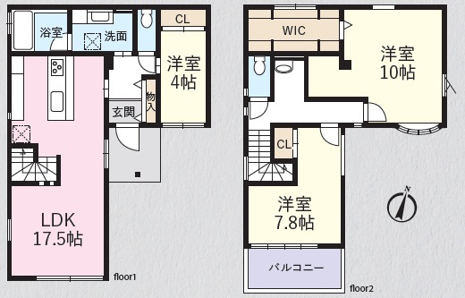 北足立郡伊奈町大字小室 中古戸建の間取り|【建坪34.09坪】17.5帖の広々としたLDKを中心に、10帖・7.8帖・4帖の3居室を確保したゆとりある間取り。WICや各室収納も充実し、家族で快適に暮らせる機能性の高さが魅力です。