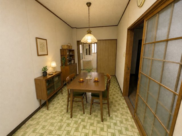 鳳瑞町の居間・リビング|レトロな意匠が随所に残る室内。自分らしい住まいづくりを楽しめそうです。※本画像は実際の写真にCG加工を加えたもので、実際の室内状況（家具・傷・汚れ等）とは異なります。

室内（2026年8月）撮影