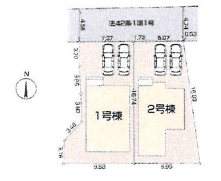 八王子市大谷町1号棟の区画図|全2棟の分譲地です。それぞれの区画にカースペースが完備されているため、お車での通勤やお出かけに便利。静かな環境で、落ち着いた暮らしが実現できそうな配置です。