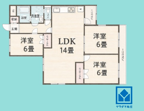 東難波ハイツの間取り|3LDK、専有面積61.9平米、バルコニー面積8平米、7階建て2階部分。2026年8月リフォーム済の大変綺麗なお部屋で、即ご入居いただけます。