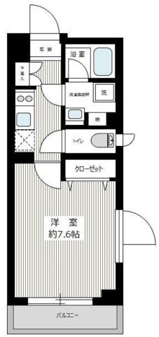XEBEC(ジーベック下丸子の間取り|西向きバルコニー洋室7.6帖南西角部屋の1Kバストイレ別独立洗面台！